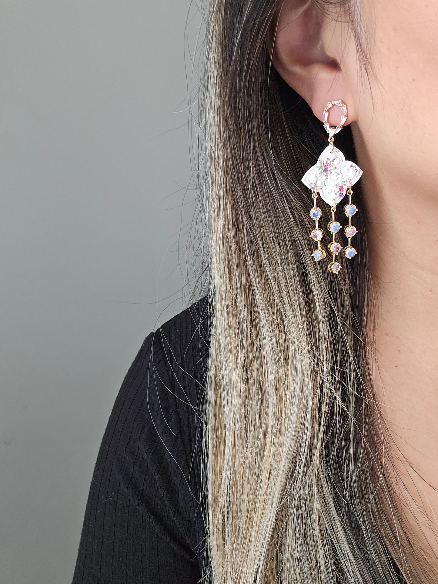 Flower lis loos Dangle with Pink Ombre CZ Charms