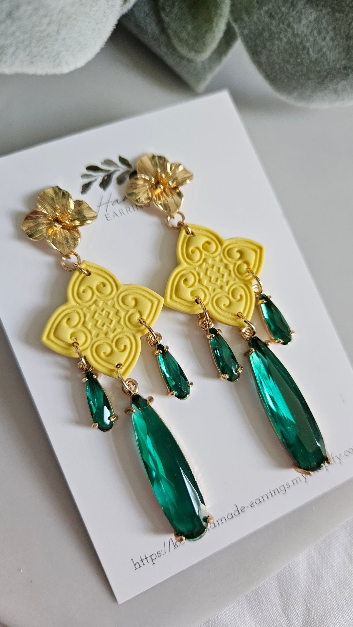 Hmong Heart yellow Dangle with Green charms
