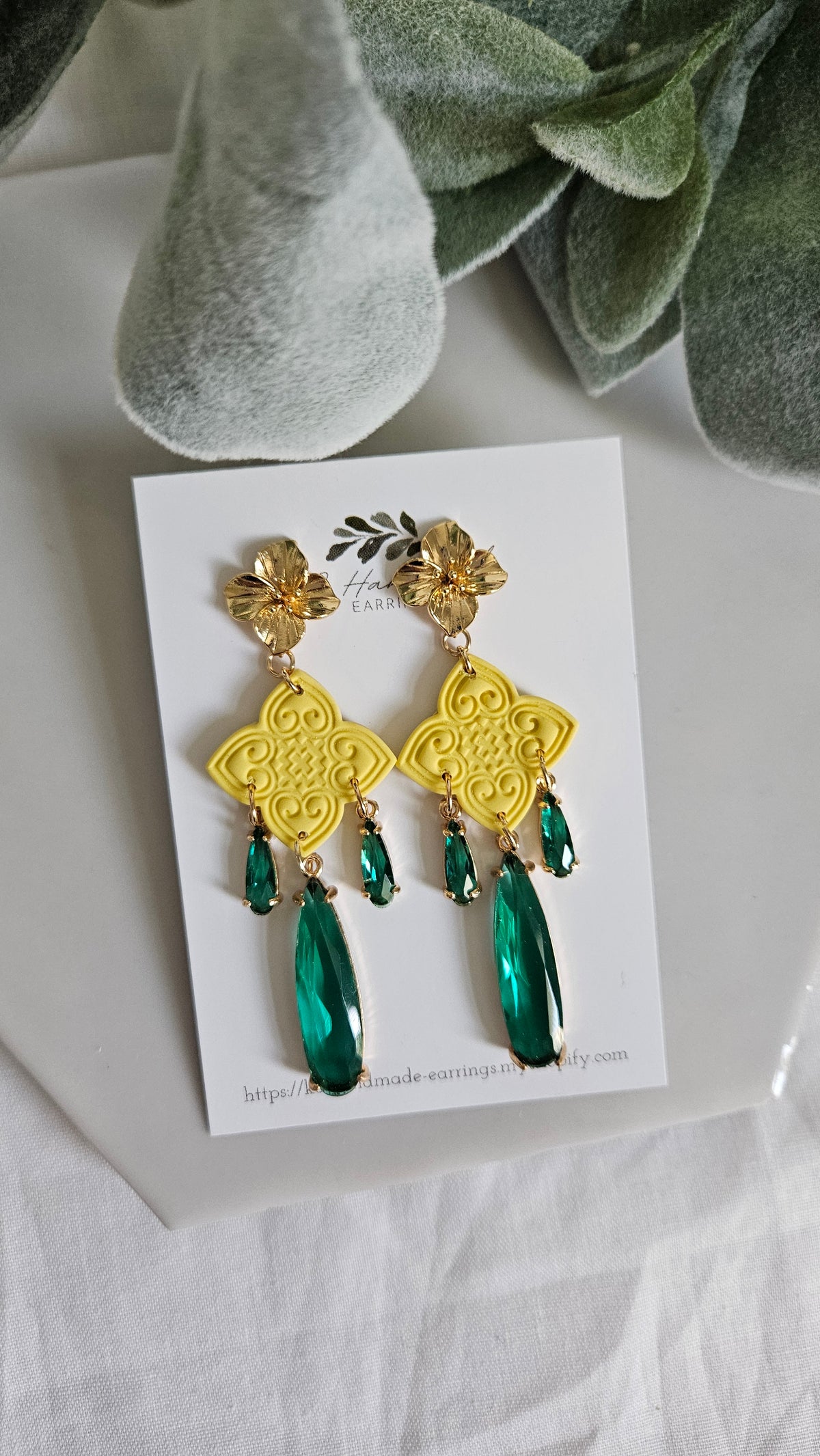 Hmong Heart yellow Dangle with Green charms
