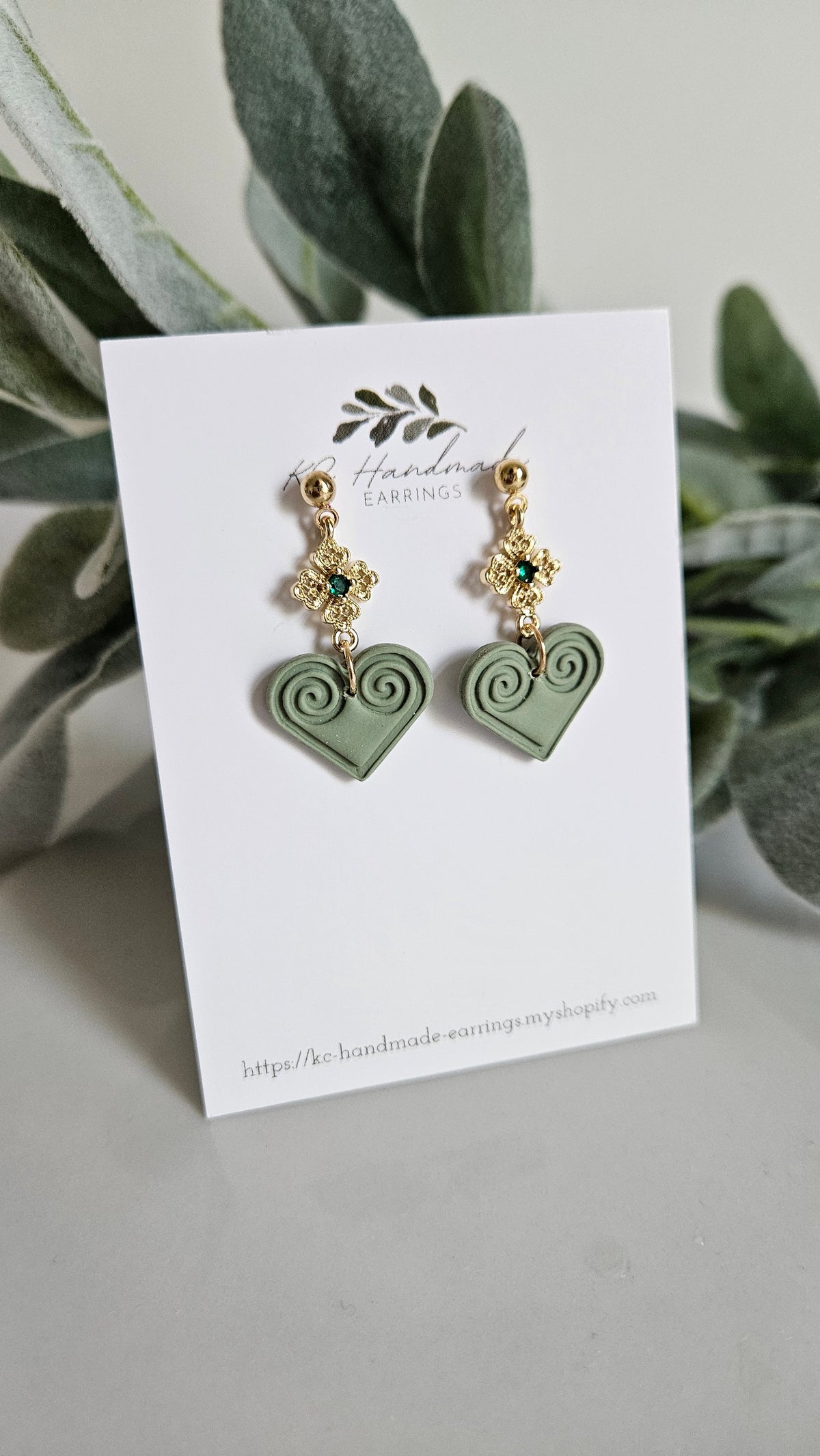 Hmong Heart Neutral Sage Green Dangle with Green charm