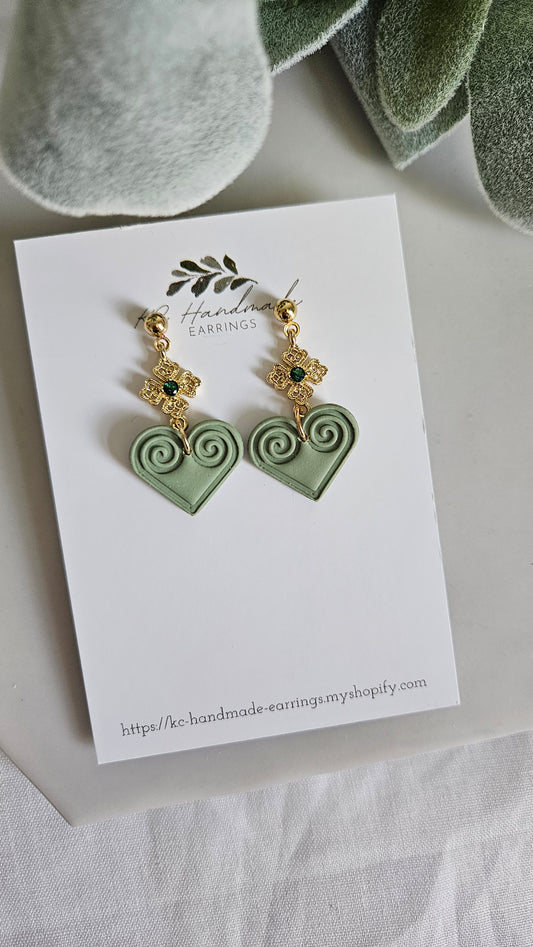 Hmong Heart Neutral Sage Green Dangle with Green charm