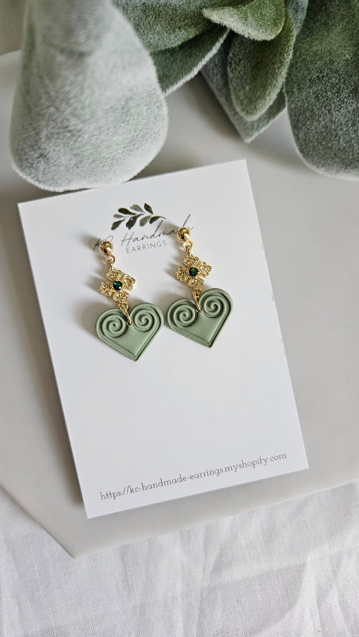 Hmong Heart Neutral Sage Green Dangle with Green charm