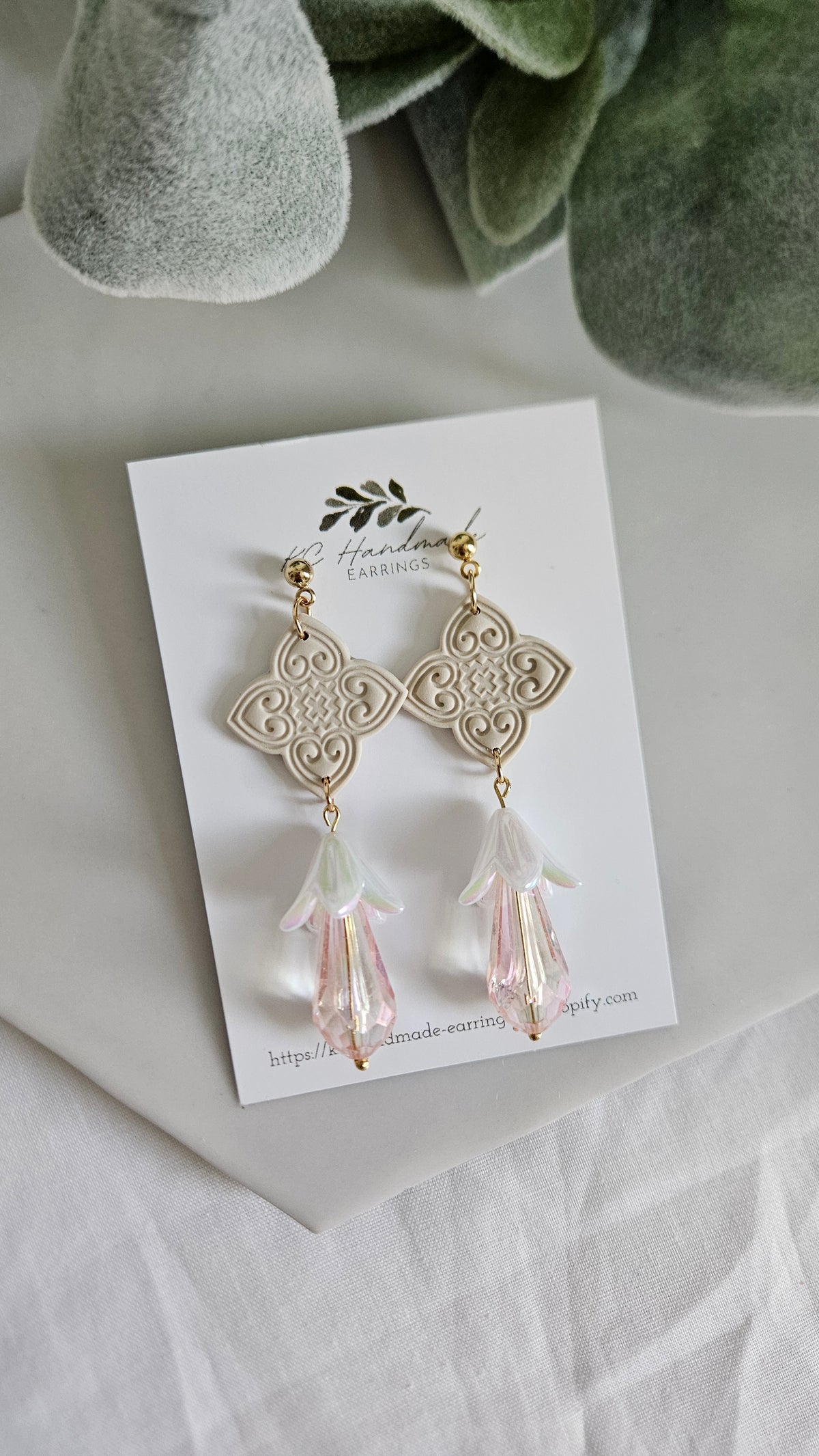 Hmong Heart Neutral Dangle with Pink Acrylic Beads