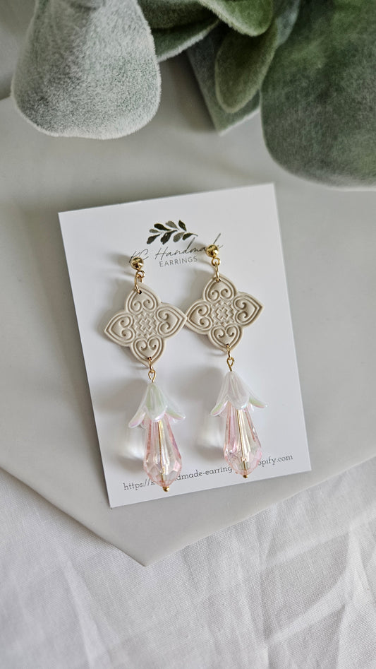Hmong Heart Neutral Dangle with Pink Acrylic Beads