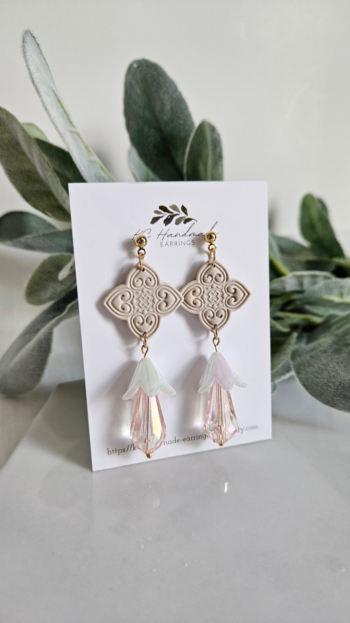 Hmong Heart Neutral Dangle with Pink Acrylic Beads