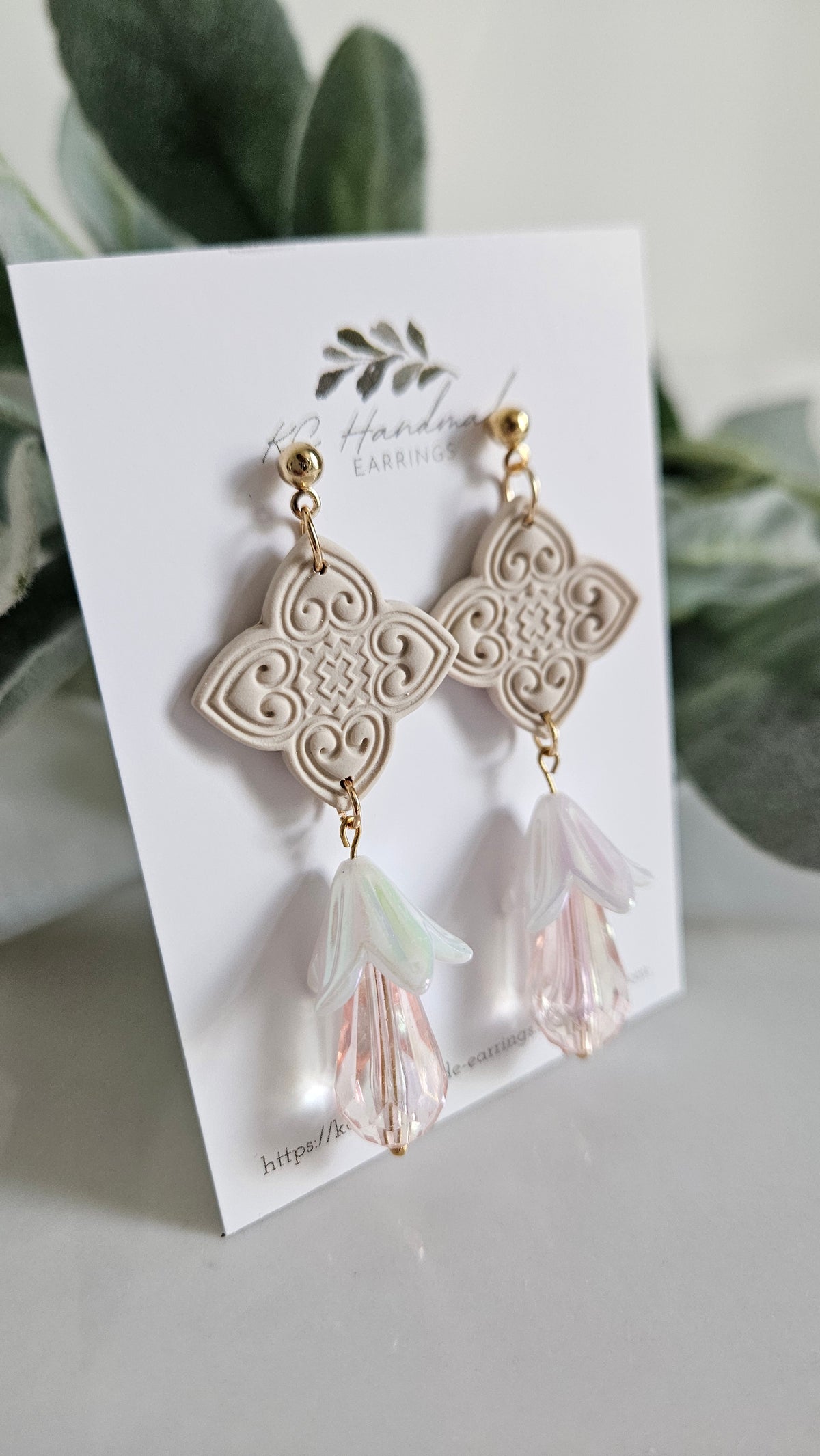 Hmong Heart Neutral Dangle with Pink Acrylic Beads