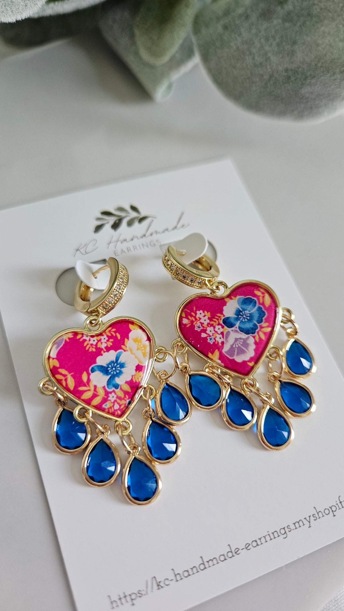 Pink Poppy Heart Huggie with Blue Charms