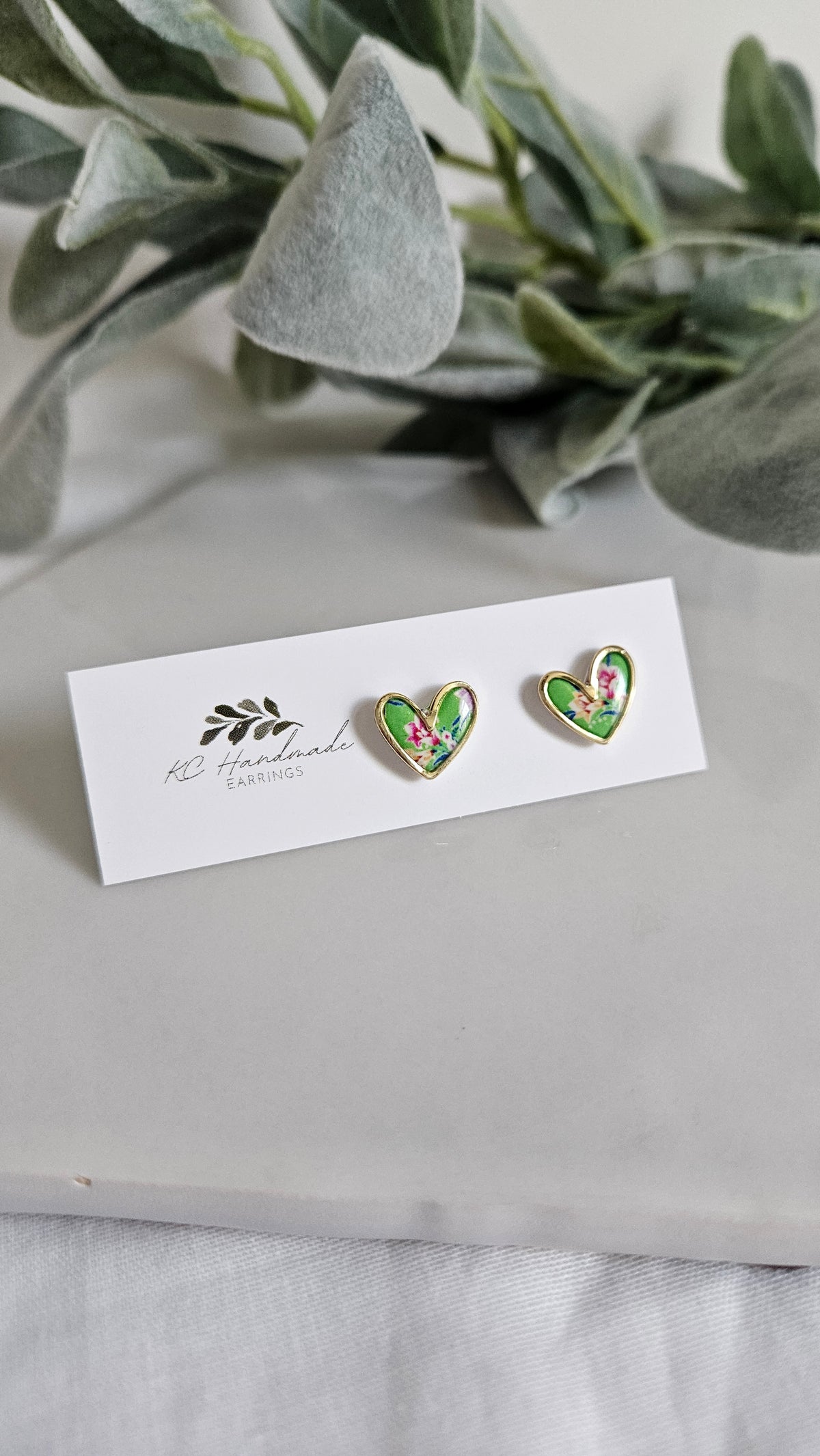 Green Tulip Heart Stud